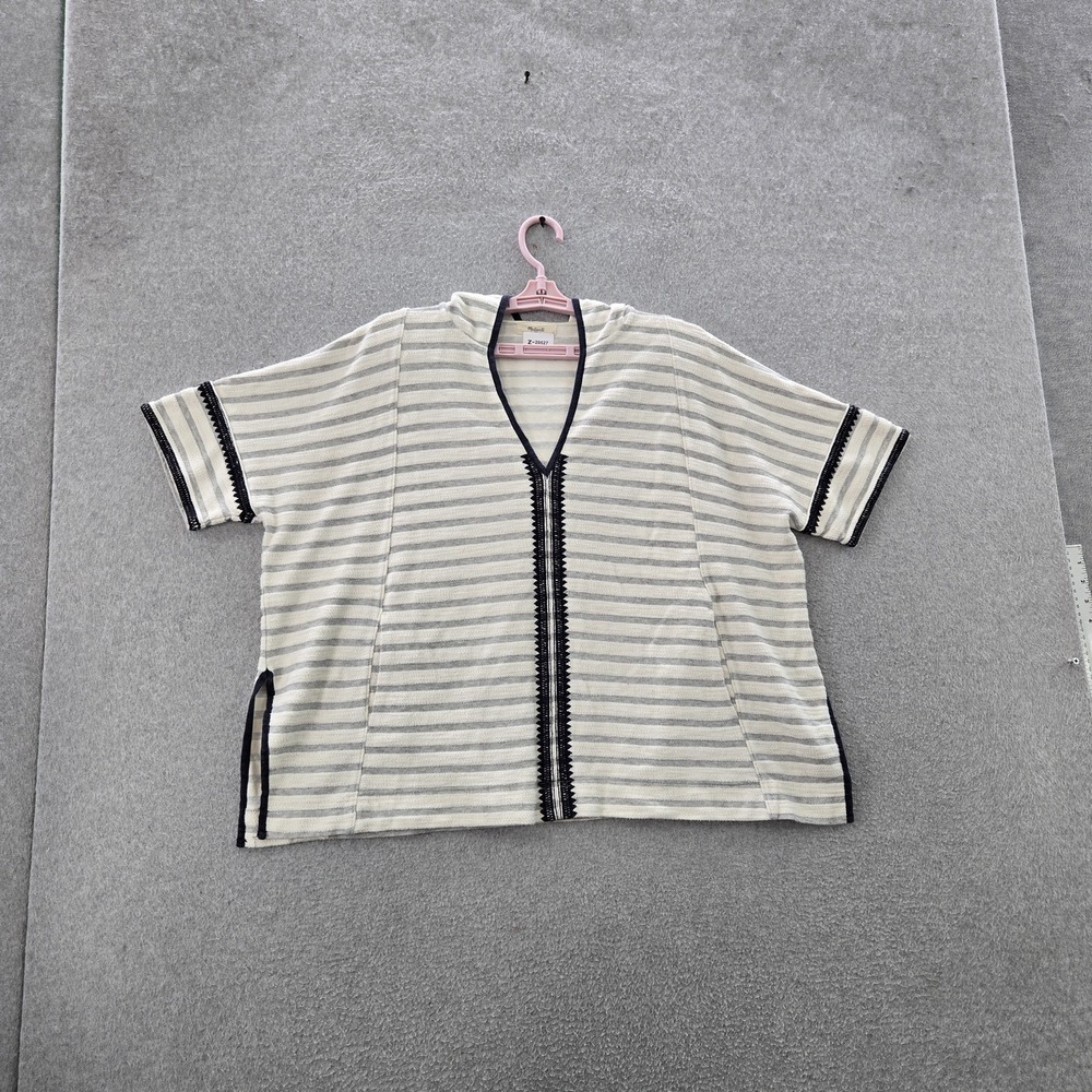 Madewell Women Top M/L Cream Striped Elise French Terry Tunic Ponch Hooded